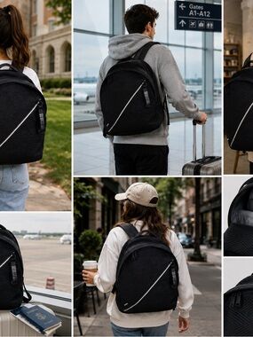 Go Dash Dot Rounded Backpack Black Quilted Laptop Travel School Everyday Bag